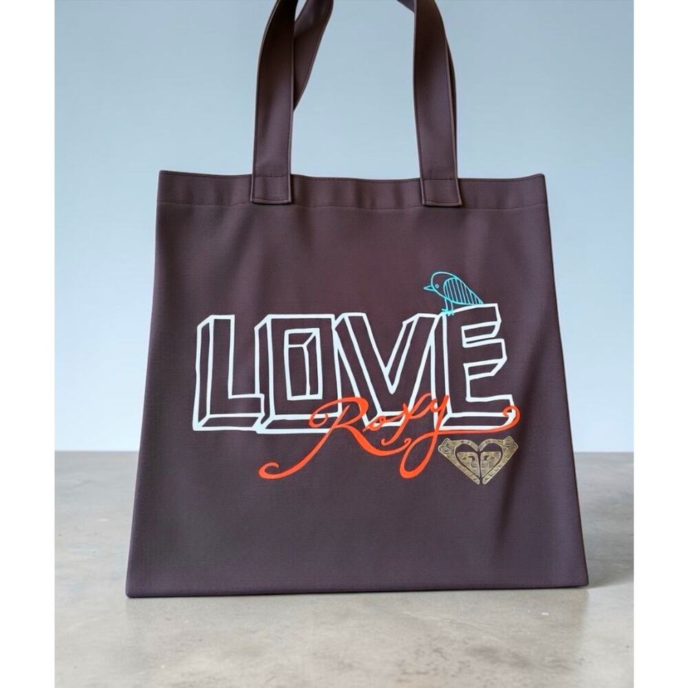 Vintage Y2K Roxy Canvas Tote Bag Brown LOVE Graphic Bird Surf Boho Skater